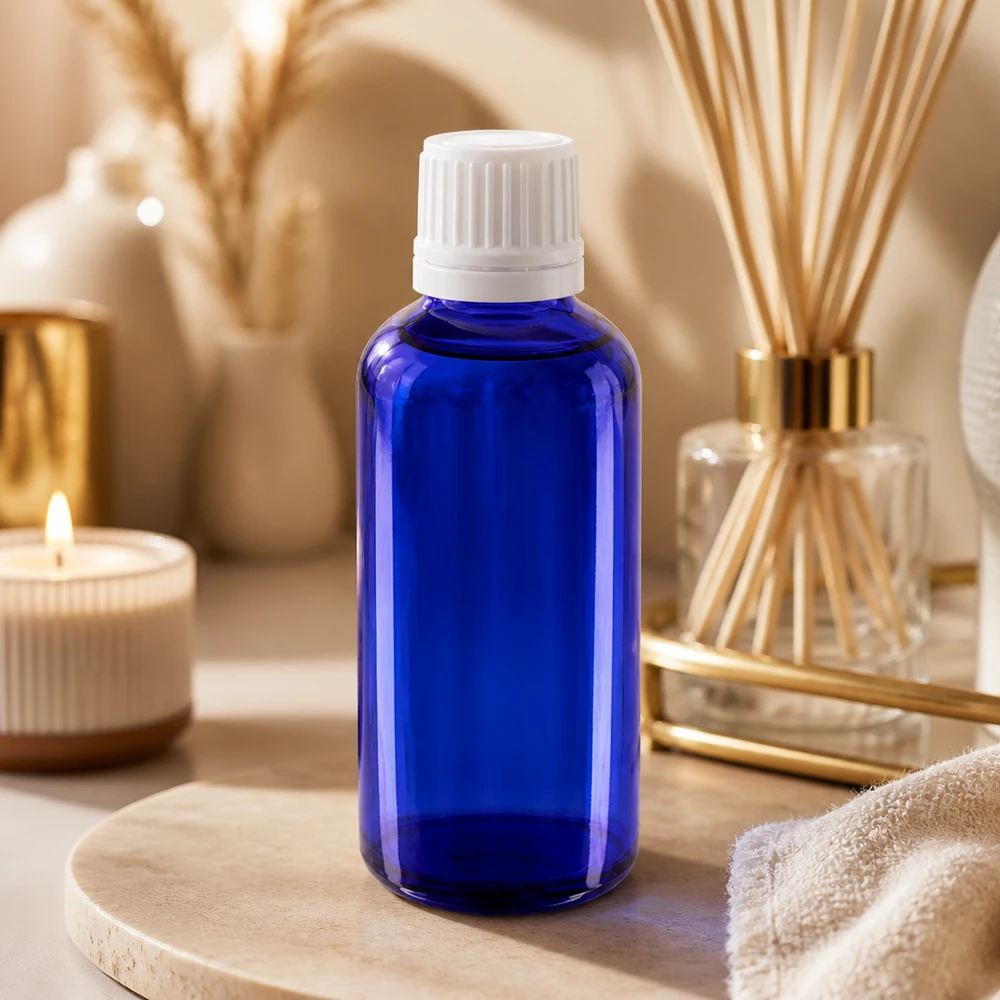 Apothekenflasche blau 50ml Tropfverschluss 1.2mm weiß Originalitätsverschluss Kobaltblaue Glasflasche 50ml mit OV Tropfeinsatz 0,7mm zum Schutz lichtempfindlicher Flüssigkeiten