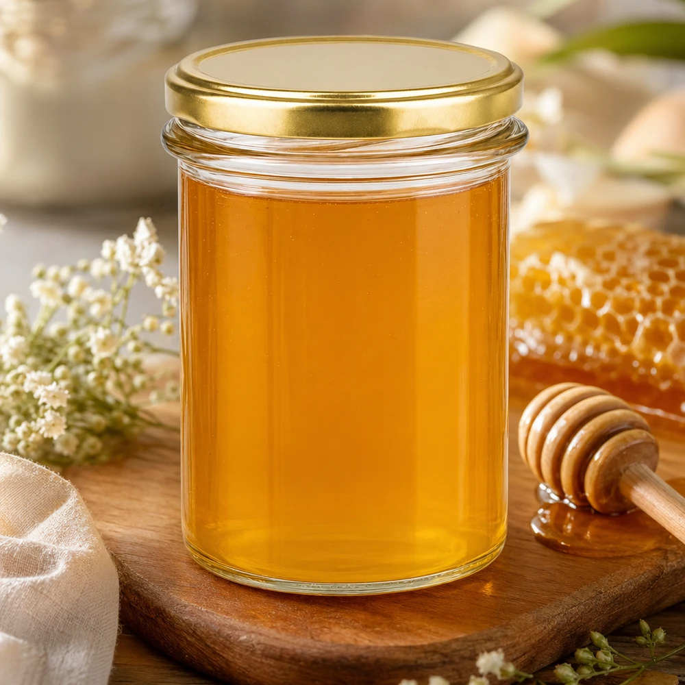 230ml Sturzglas gefüllt mit Honig BasicSeal Deckel gold UNiTWIST auf Holzbrett mit Honigwabe und Honiglöffel
