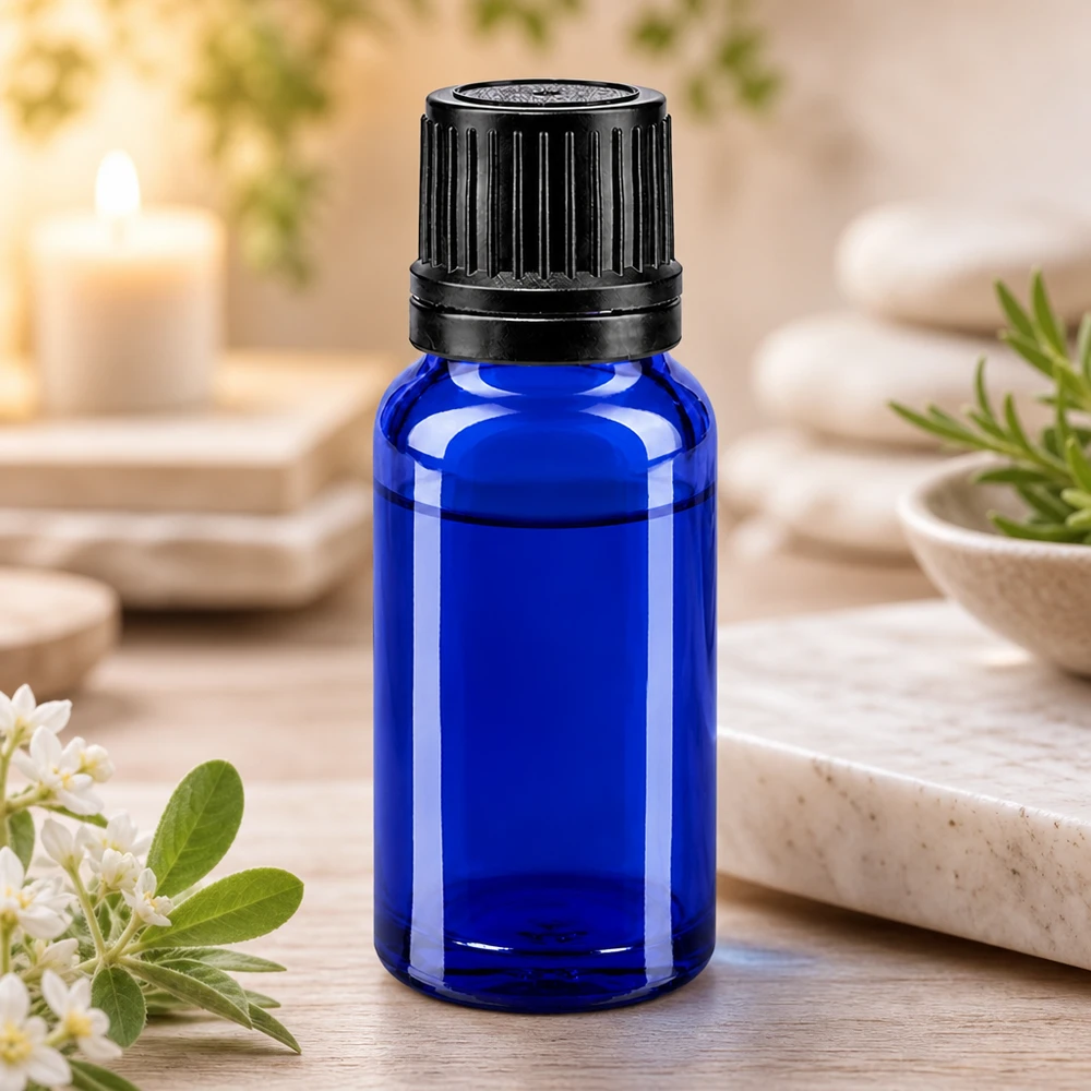 10ml Glasflasche in Royalblau mit 1mm Präzisionstropfeinsatz und kindersicherem Schraubverschluss