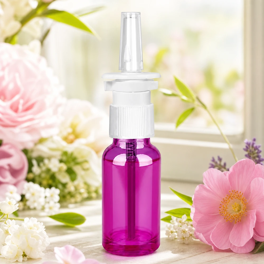20ml Nasensprayflasche weiß/transparent Standard PurpleLine. UT18/20 Medizinische Sprühflasche 20ml violett mit Standard-Sprühkopf für therapeutische Nasensprays
