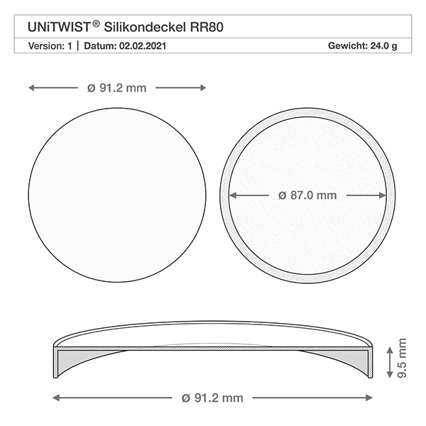 165ml Sturzglas WECK RR80 mit Silikondeckel weiß Technische Zeichnung WECK Gourmetglas 165ml RR80 Silikondeckel mit Maßangaben und Gewichtsangabe 24g