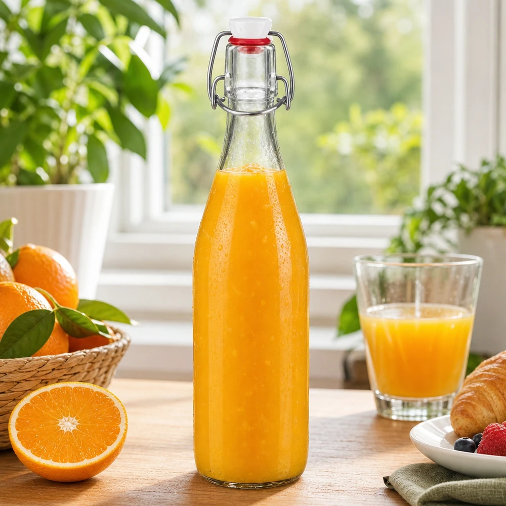 500ml Glasflasche Bügelverschluss befüllt mit frischem Orangensaft Frühstück Vitamine gesunde Ernährung