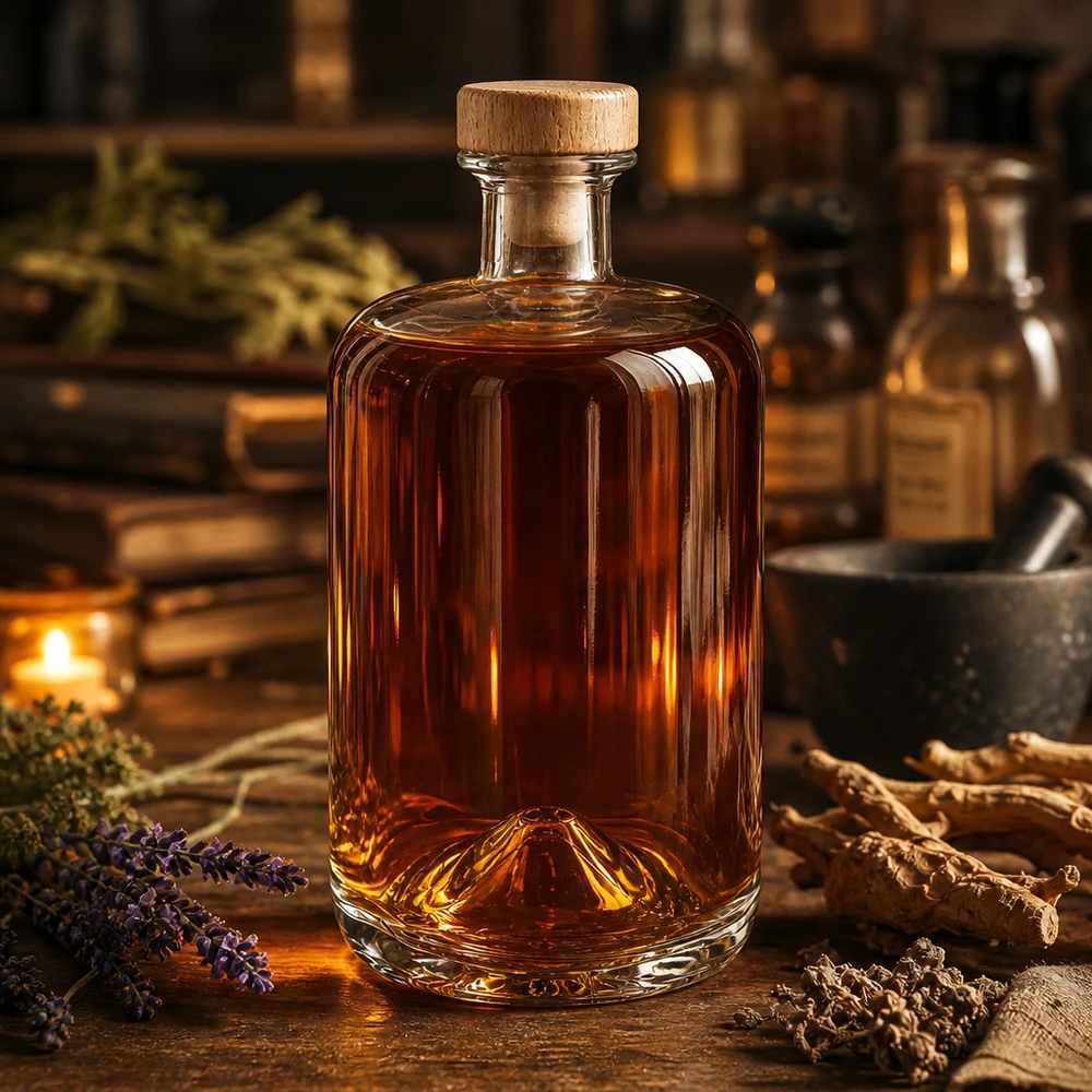 700ml Apothekenflasche "Classic" mit Holzgriffkorken UNiTWIST® 700ml Glasflasche Sofia mit bernsteinfarbener Kräuter-Tinktur umgeben von Lavendel und Wurzeln in rustikaler Apotheke