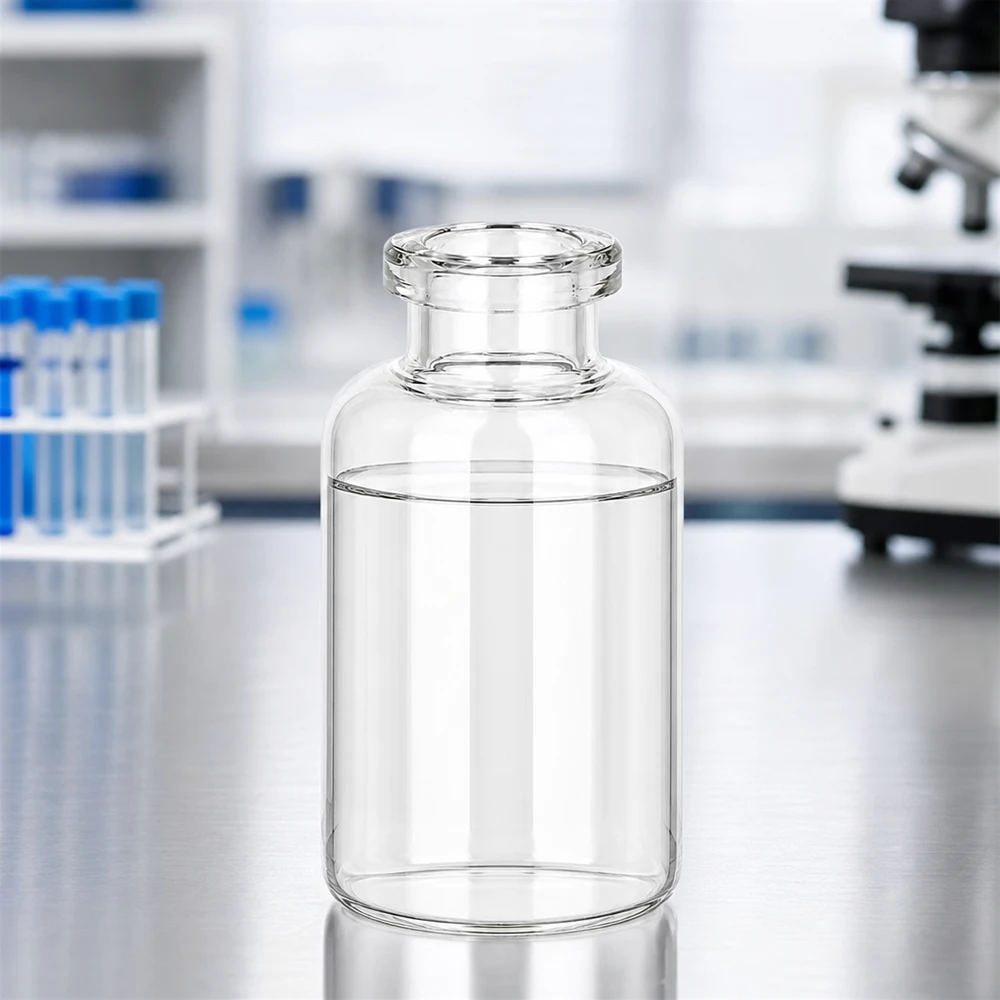 Injektionsflasche Klarglas 30ml Transparente Pharmaglasflasche 30ml mit sichtbarer Füllstandslinie im klinischen Laborumfeld