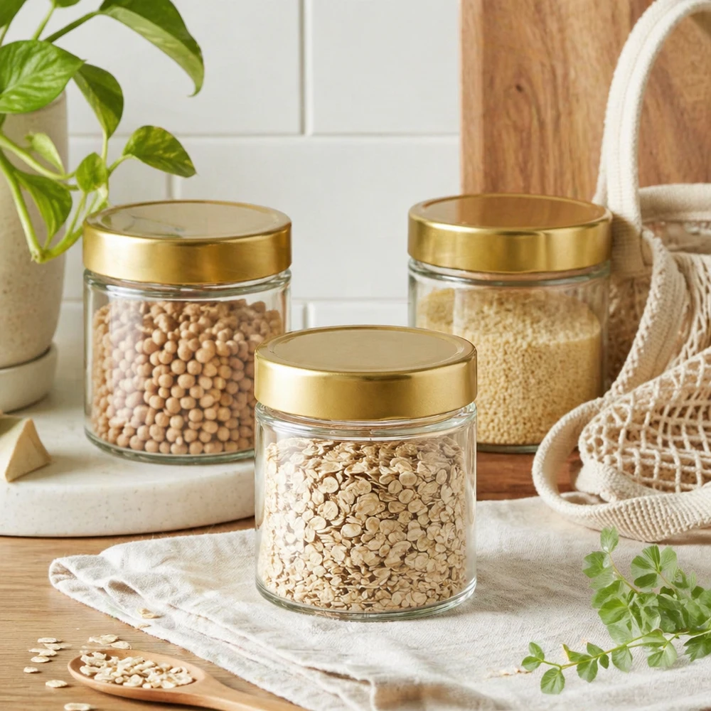154ml Rundglas mit BasicSeal Deckel gold deep UNiTWIST 154ml Rundglas BasicSeal gold drei Gläser gefüllt Kichererbsen Quinoa Linsen Hülsenfrüchte Vorratsorganisation Küche