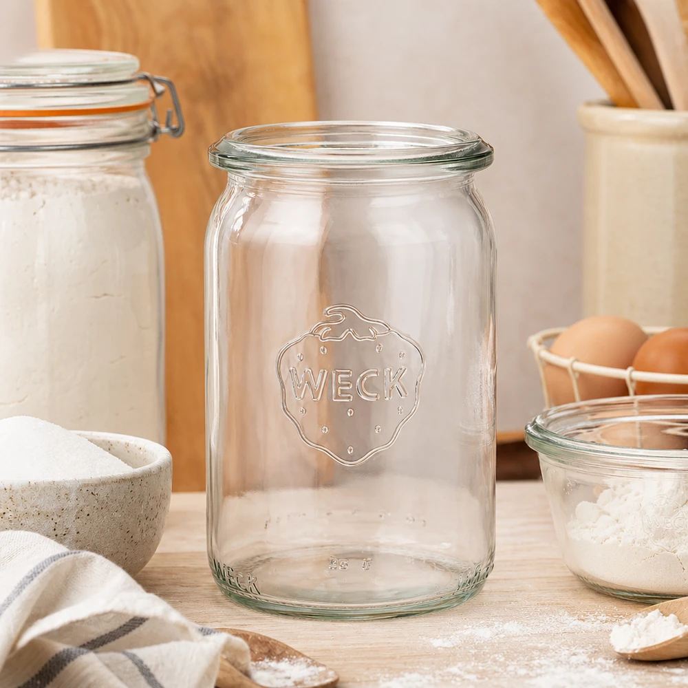 WECK RR40 Zylinderglas 145ml in moderner Küche zwischen Vorratsgläsern mit Mehl und Eiern atmosphärisch inszeniert