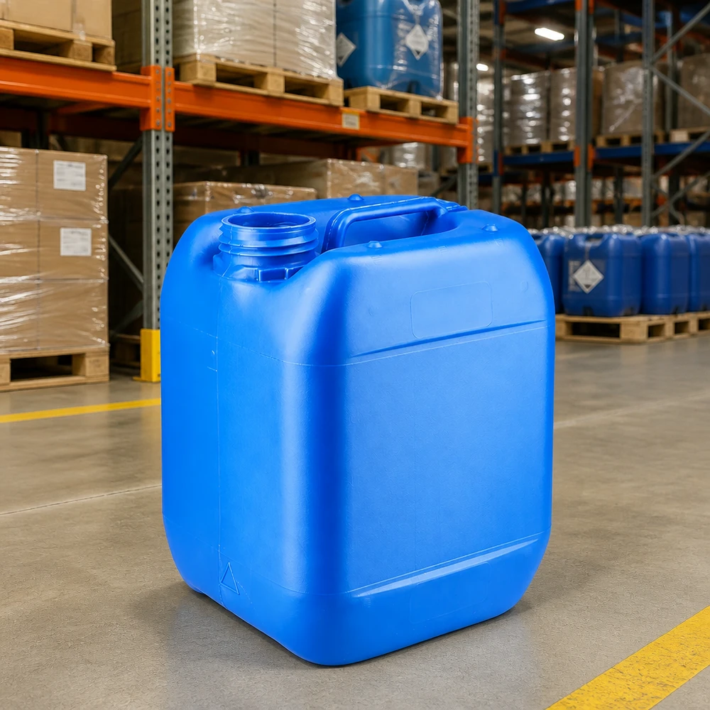 Leerer Kanister 5 Liter blau ohne Deckel auf Betonboden eines Industrielagers