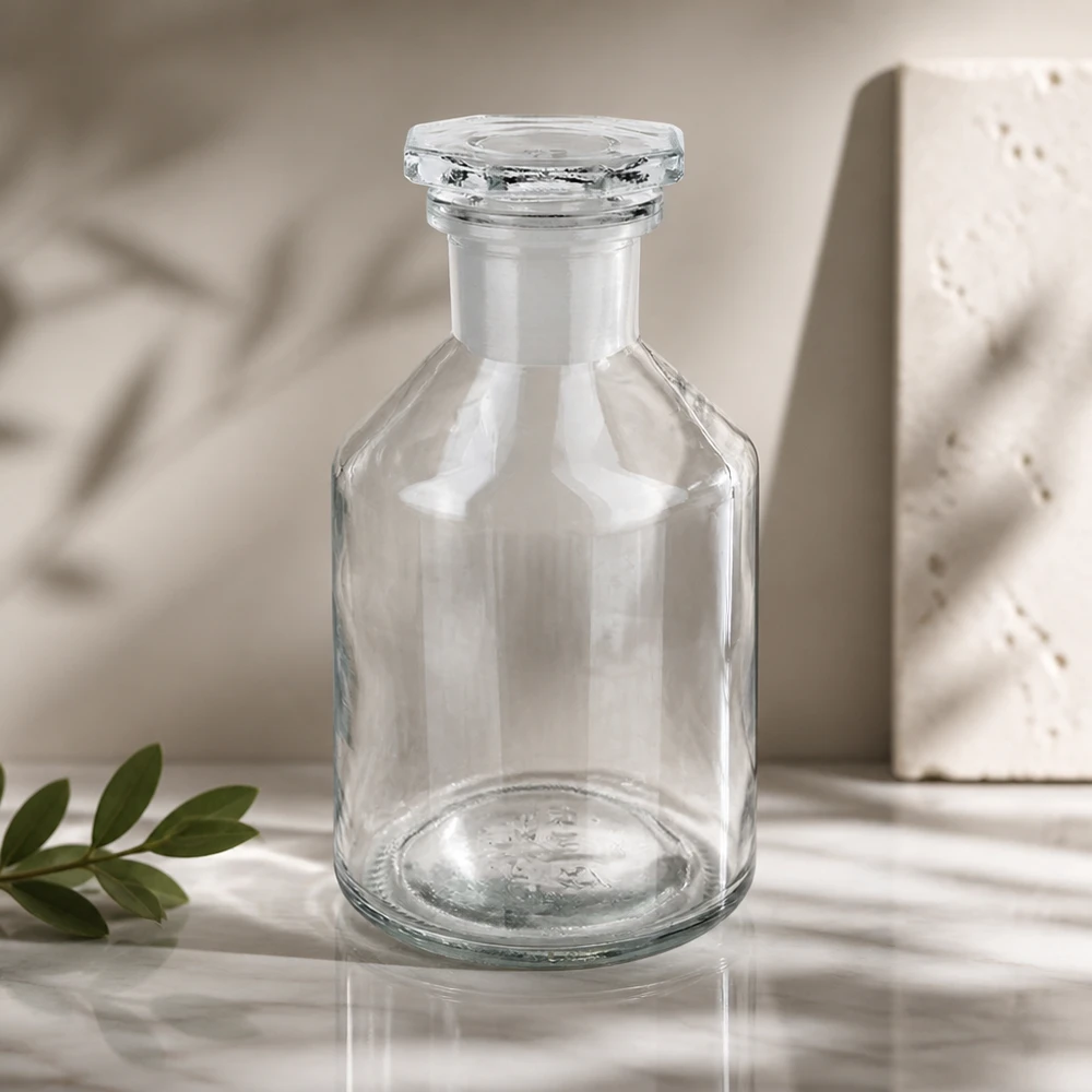 Steilbrustflasche 50ml klar Enghals Glasstopfen Kompakte Glasflasche 50ml Steilbrust mit eckigem Glasstopfen vor hellem Hintergrund
