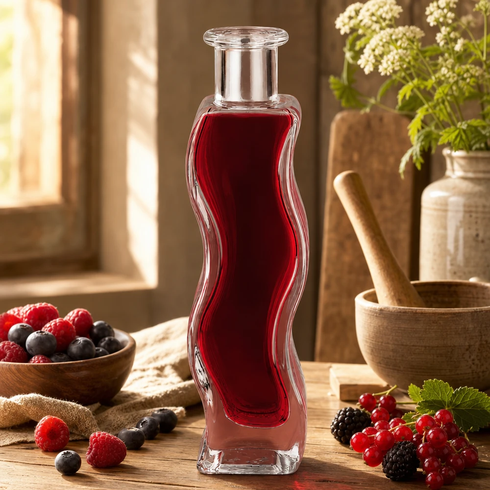 100ml Glasflasche "Melissa" ohne Verschluss UNiTWIST 100ml Glasflasche Melissa mit rotem Beerensaft gefüllt in natürlicher Küche umgeben von frischen Beeren und Kräutern