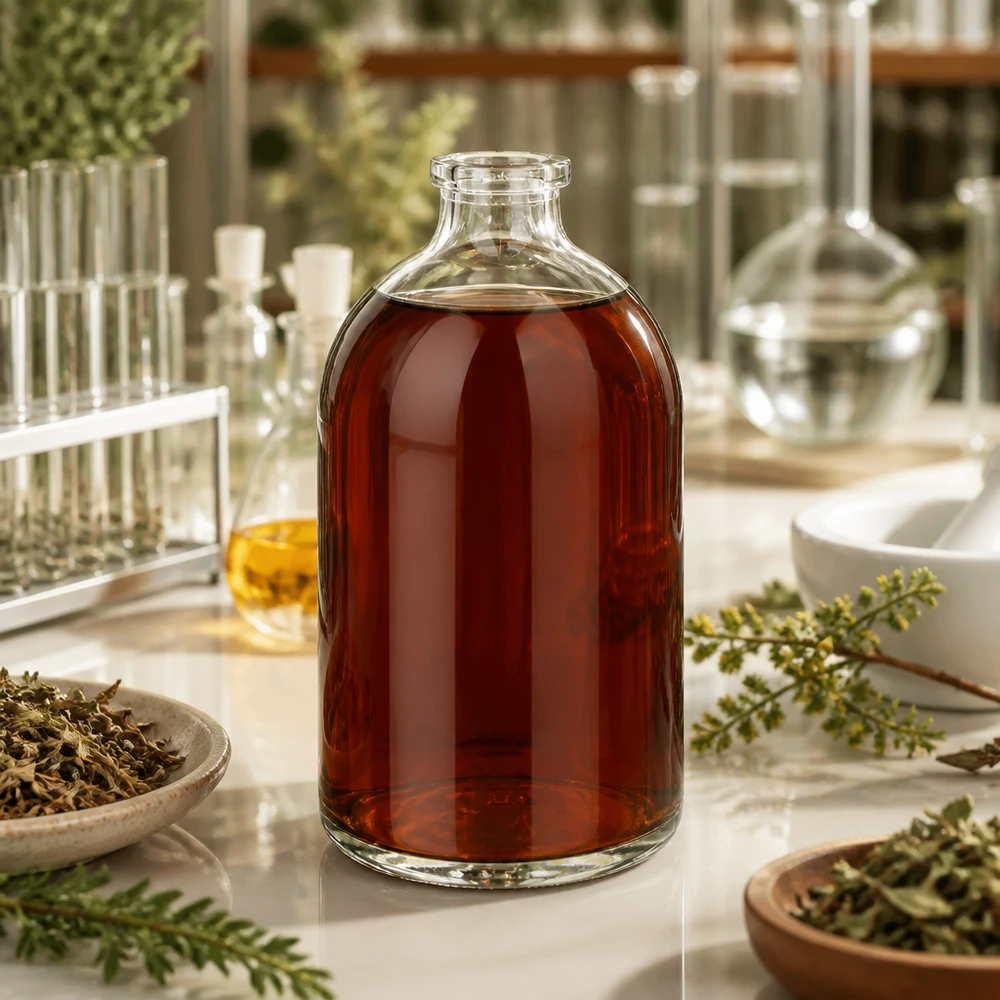 Injektionsflasche Klarglas 100ml Bodenständige Injektionsflasche 100ml Klarglas mit rotbrauner Flüssigkeit in botanischem Laborumfeld