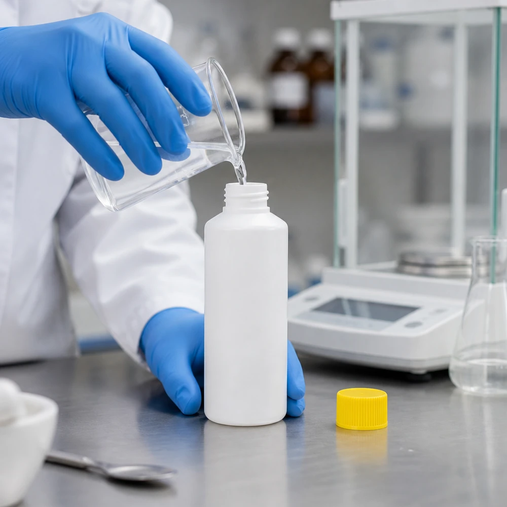Apothekenflasche HDPE 100ml weiß, mit gelbem Schraubverschluss Weiße opake Apothekerflasche 100ml mit gelbem SV aus hochdichtem Polyethylen HDPE