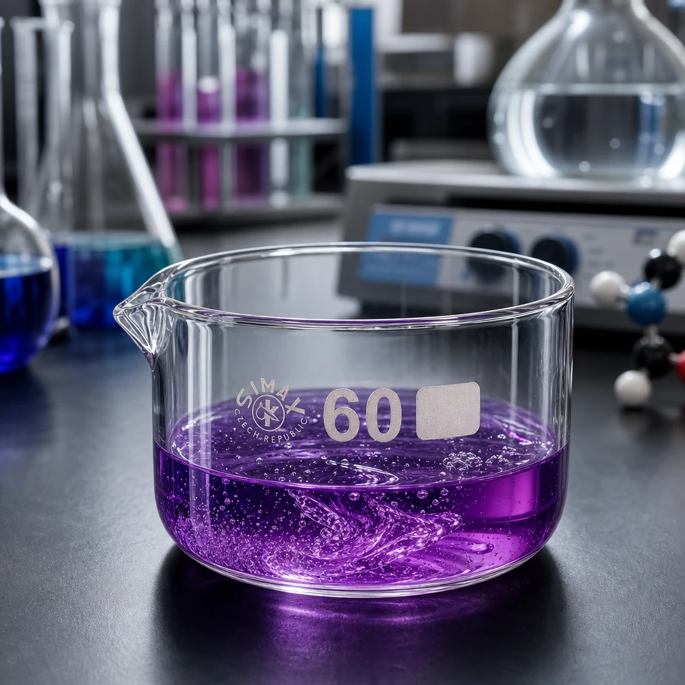 Simax 60ml Glasschale purpurfarbene Flüssigkeit blasenbildend chemische Reaktion Laboraufbau
