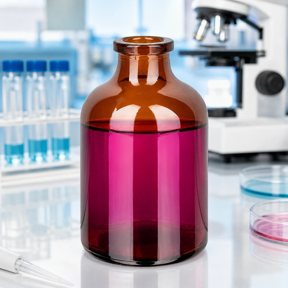 Injektionsflasche Braunglas 50ml Injektionsflasche aus Braunglas 50ml neben Petrischalen und Pipette im Laborumfeld
