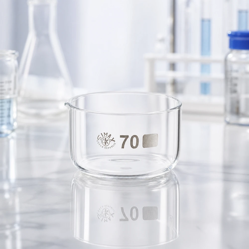 Leere Kristallisierschale aus klarem Borosilikatglas auf reflektierender Laboroberfläche