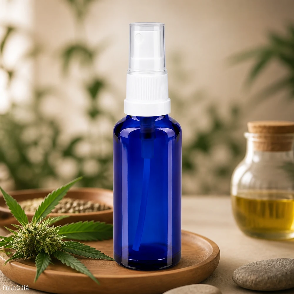 Kleine blaue Glassprayflasche 30ml mit transparenter Schutzkappe in natürlicher Wellness Umgebung
