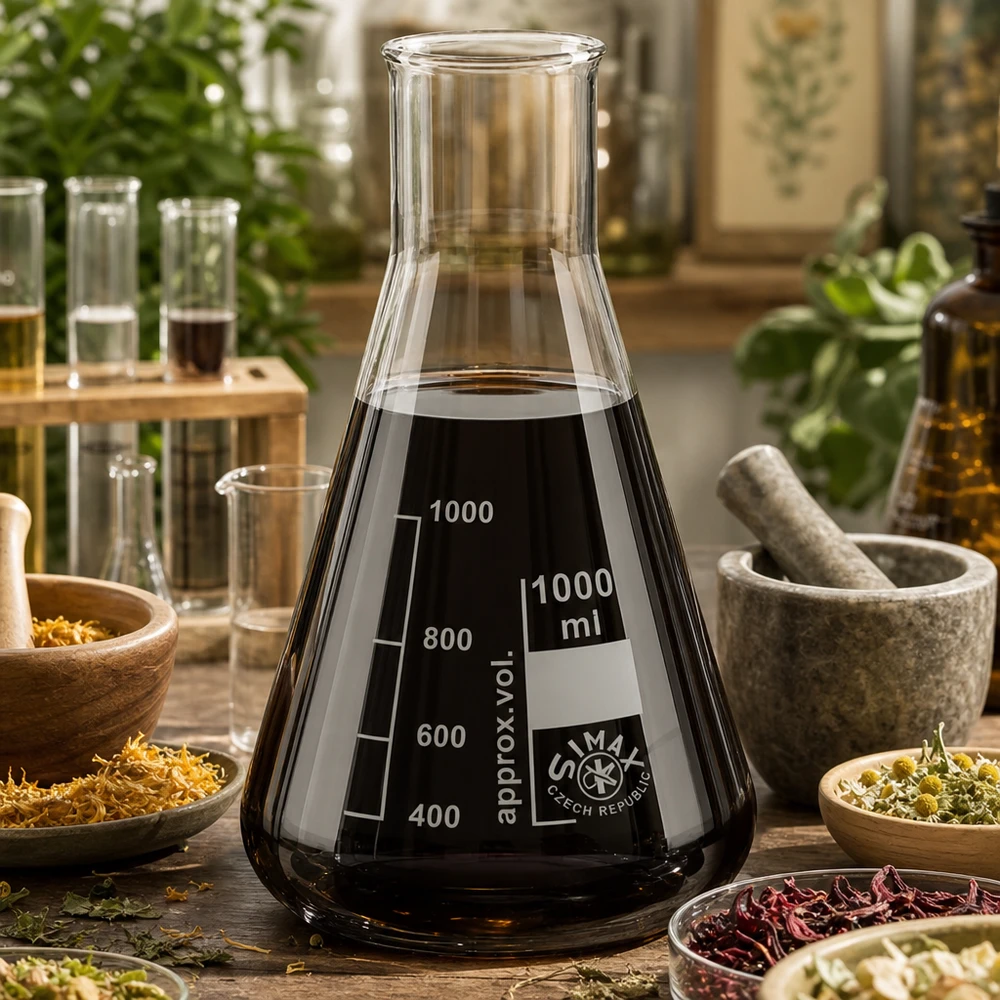 Transparenter Erlenmeyerkolben 1000ml Weithals mit dunkler Lösung umgeben von getrockneten Heilkräutern