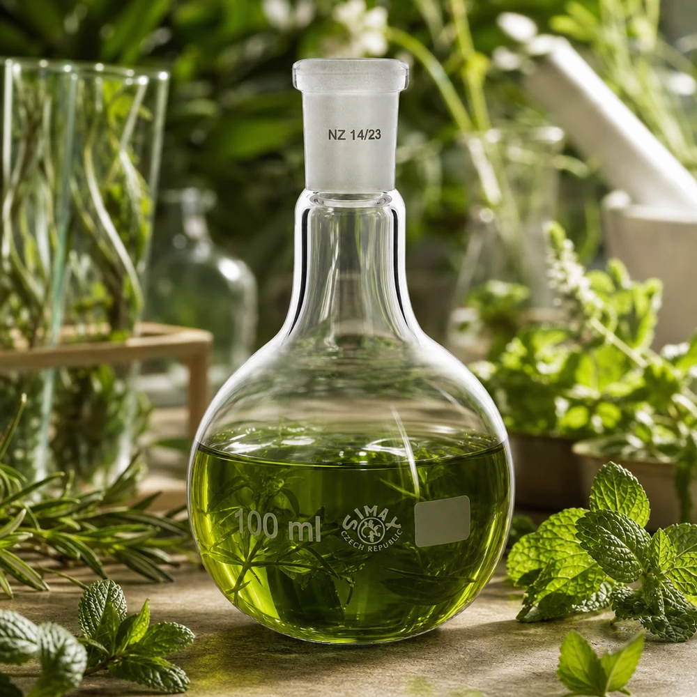Stehkolben 100ml mit Normschliff (14/23) Laborstehkolben 100ml transparent mit grünem Inhalt für phytochemische Analysen