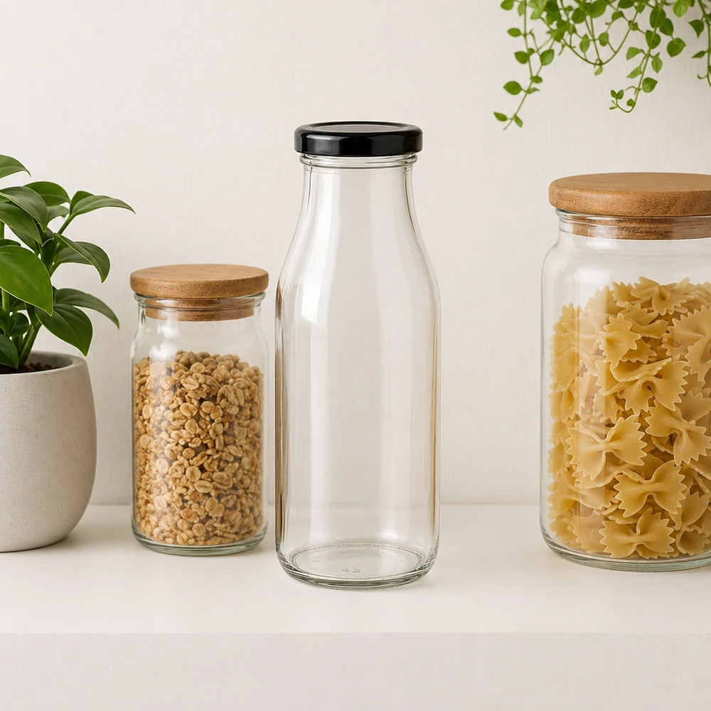 Leere 263ml Glasflasche mit schwarzem BasicSeal Deckel zwischen Vorratsgläsern mit Pasta und Körnern arrangiert