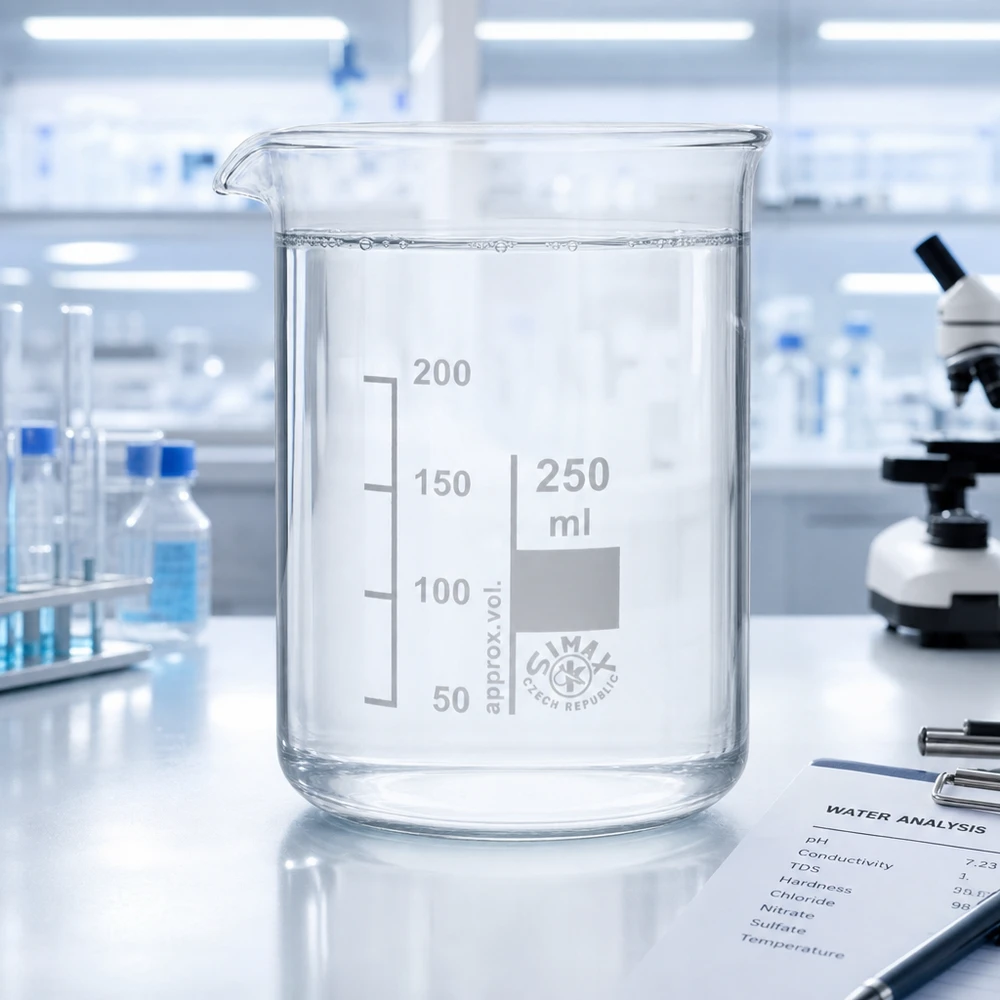 Becherglas 250ml Borosilikatglas, niedrige Form Dünnwandiges Becherglas 250ml aus transparentem Borosilikatglas mit ergonomischem Griff zum Ausgießen