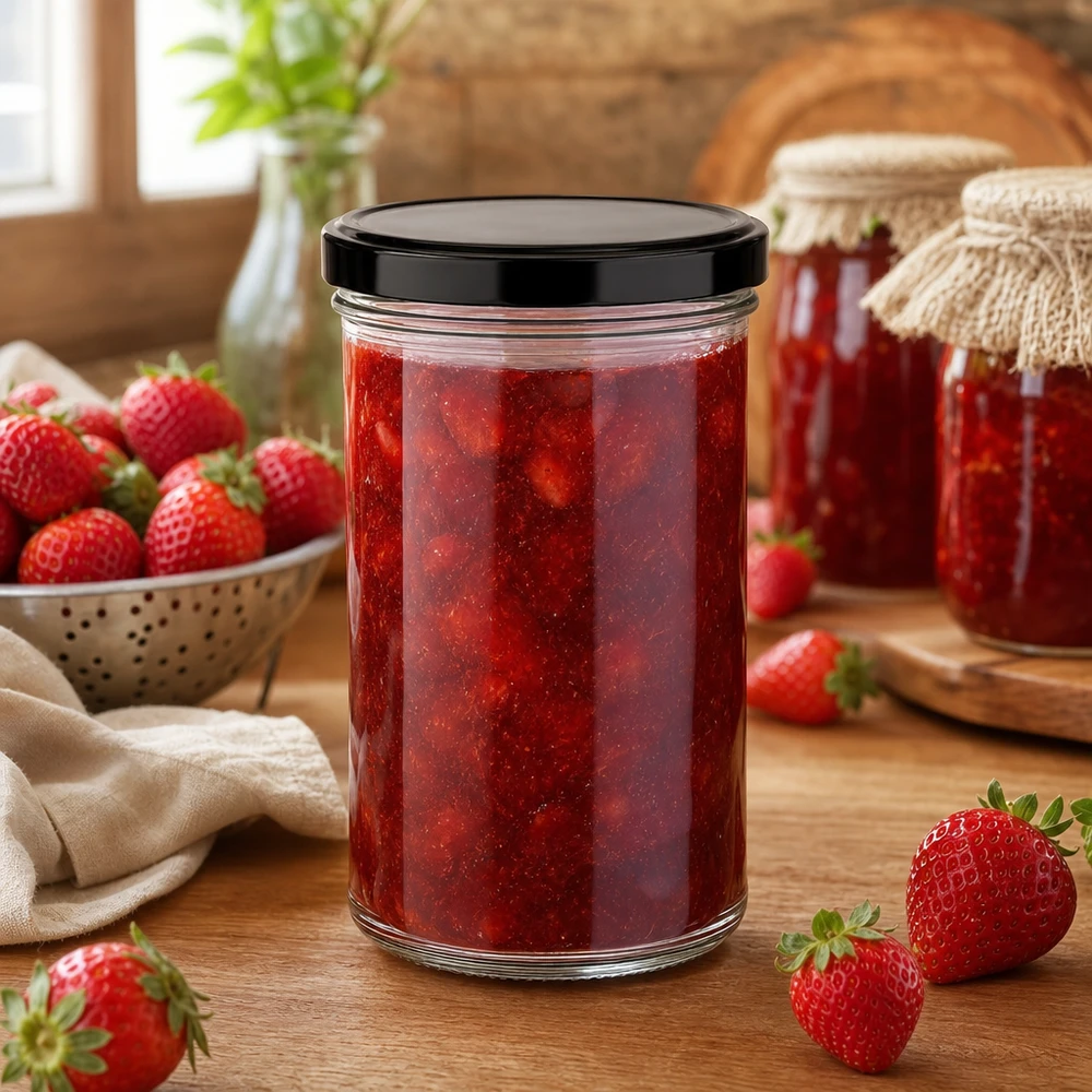 277ml Sturzglas mit BasicSeal Deckel schwarz UNiTWIST 277ml Sturzglas mit Erdbeermarmelade gefüllt schwarzer Deckel Einkochen Konfitüre Vorratsglas Küche dekorativ