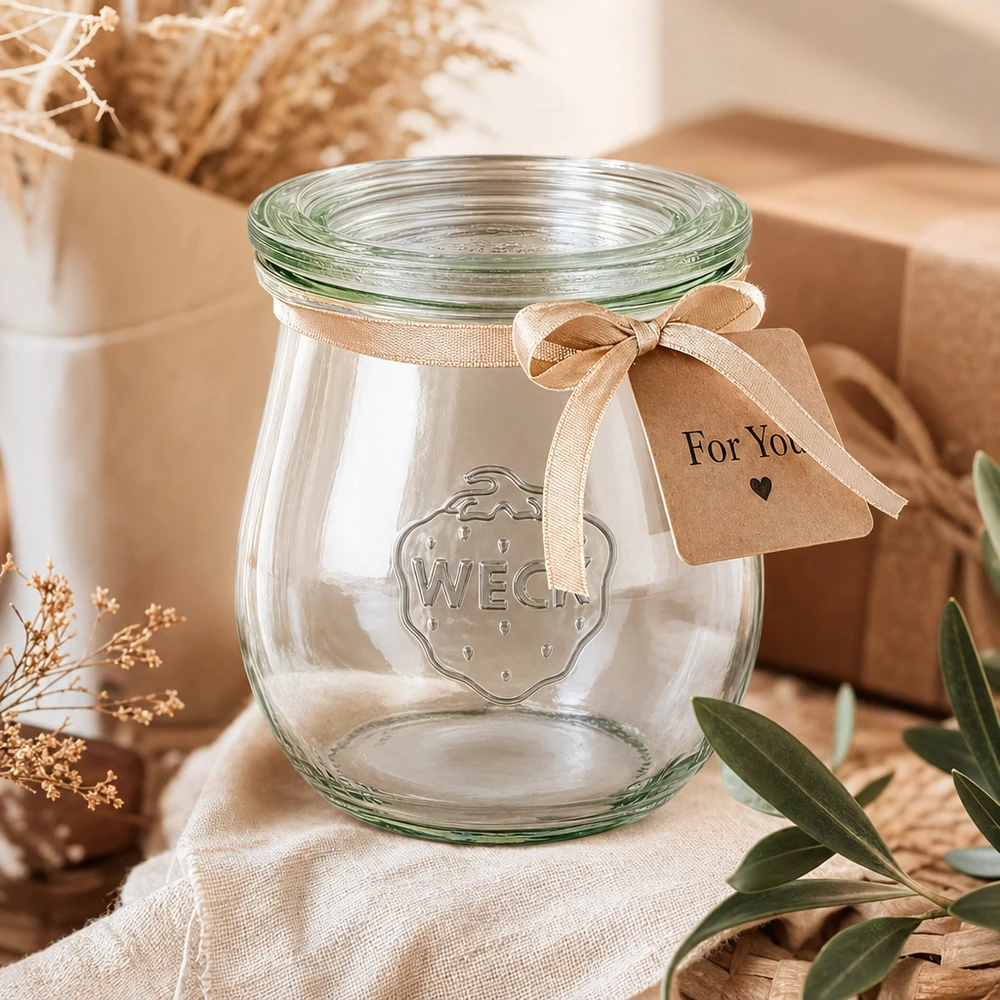 220ml Tulpenglas mit Glasdeckel WECK RR60 WECK Tulpenglas 220ml RR60 als Geschenk dekoriert mit beiger Schleife und For You Anhänger in natürlichem Ambiente