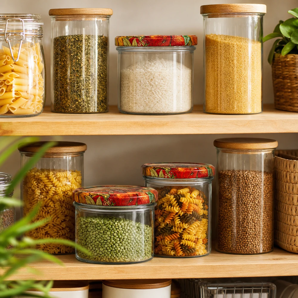 Organisierte Vorratshaltung mit 225ml Sturzgläsern Obst-Dekor, gefüllt mit Pasta, Reis und Hülsenfrüchten im Regal