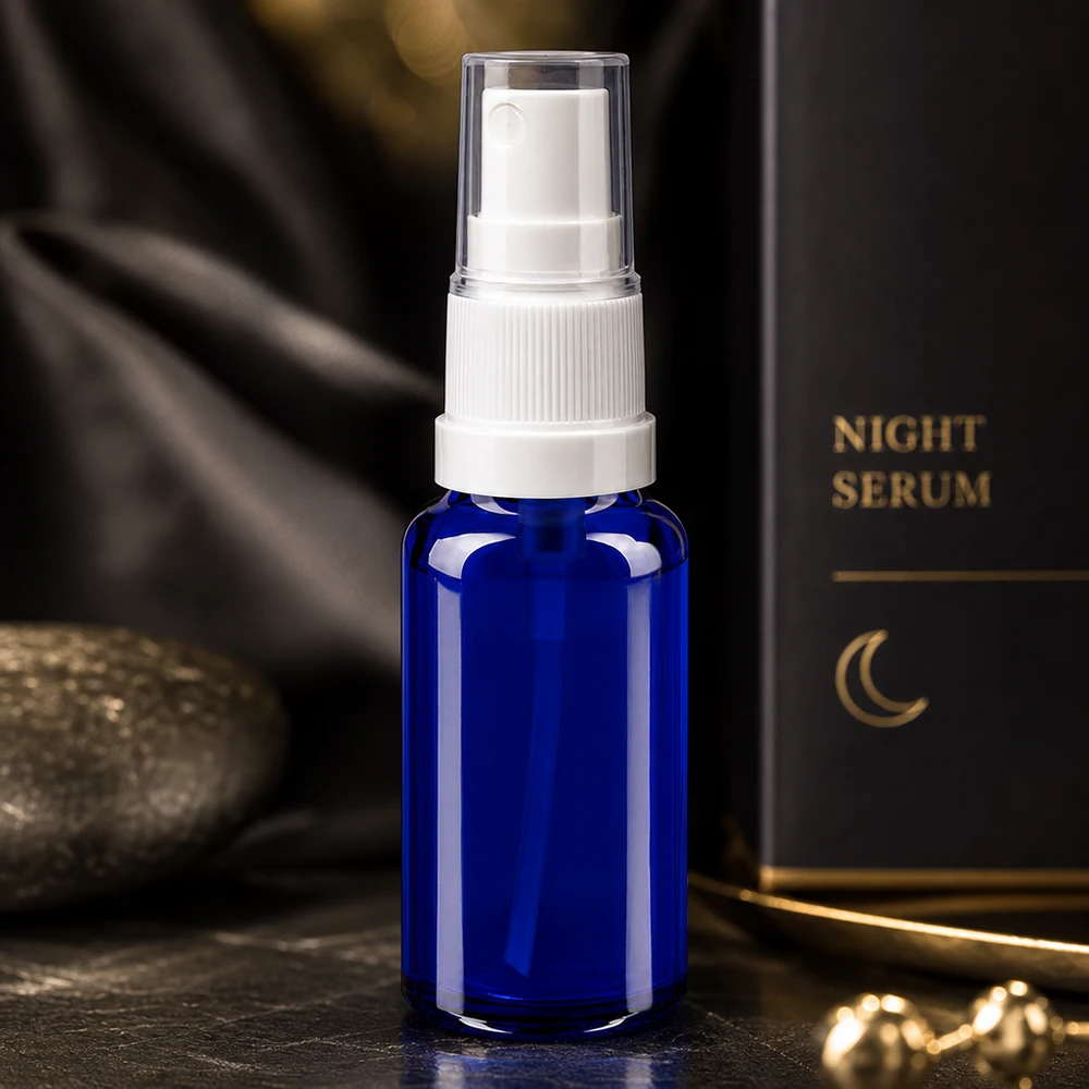 Apothekenflasche blau 20ml Sprayaufsatz weiß Kobaltblaue 20ml Apothekersprayflasche mit weißem Pumpzerstäuber und transparenter Kappe
