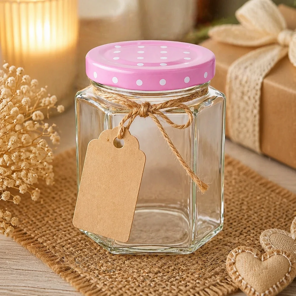 196ml Hexaglas + BasicSeal Deckel Punkte rosa UNiTWIST 196ml Hexaglas mit rosa Punktedeckel als Geschenkidee dekoriert mit Bastband Anhänger und Naturdeko