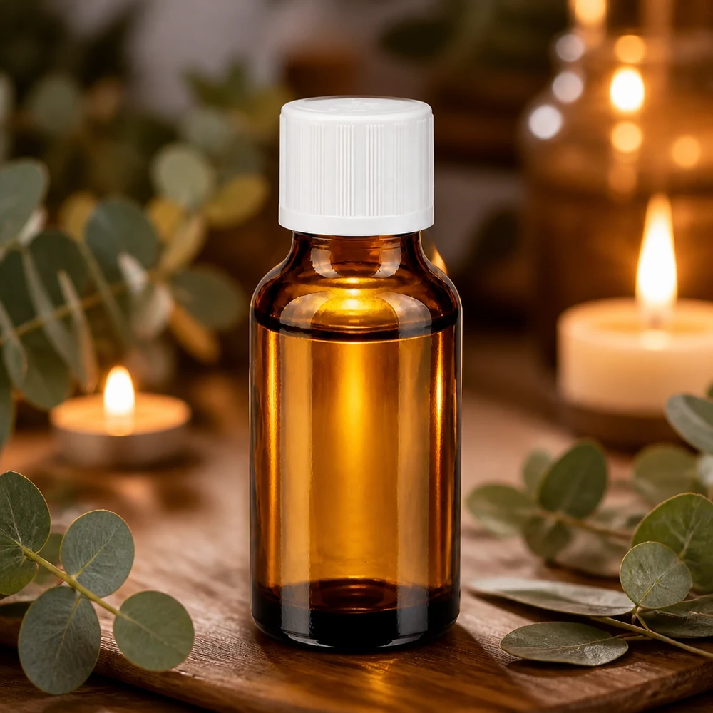 Apothekenflasche braun 20ml Tropfverschluss weiß Kindersicherung Standard Braune 20ml Tropfflasche mit Kindersicherheitsdeckel weiß umgeben von natürlichen Heilkräutern
