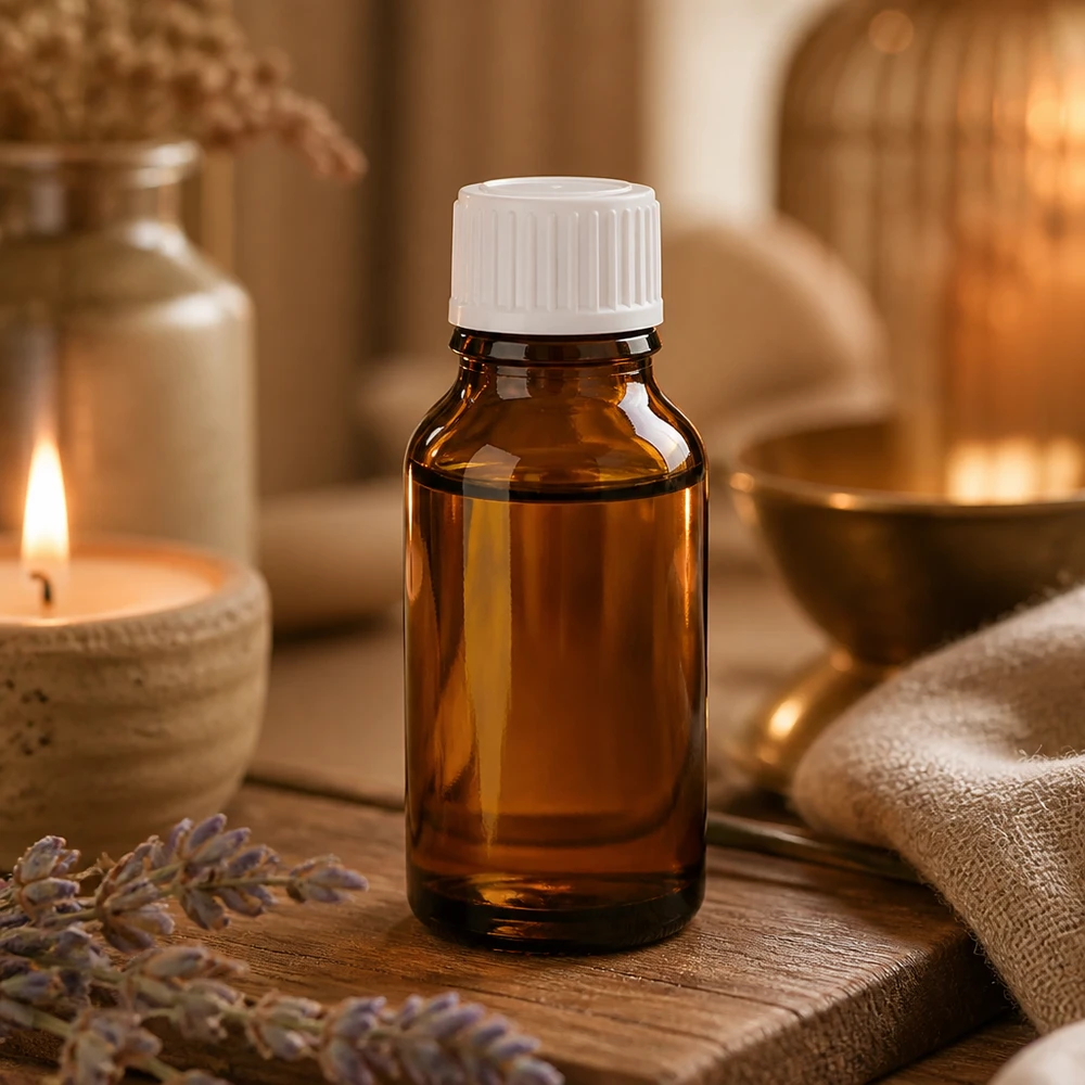 Apothekenflasche braun 30ml Schraubverschluss weiß Standard Lichtschutz-Braunglasflasche 30ml für Aromatherapie mit Kerze und Messingschale