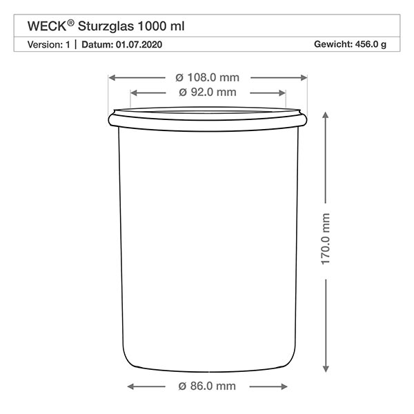 1000ml Sturzglas mit Glasdeckel WECK RR100 Technische Zeichnung WECK Sturzglas 1000ml RR100 mit Maßangaben, Durchmesser 108mm, Höhe 170mm, Gewicht 456g