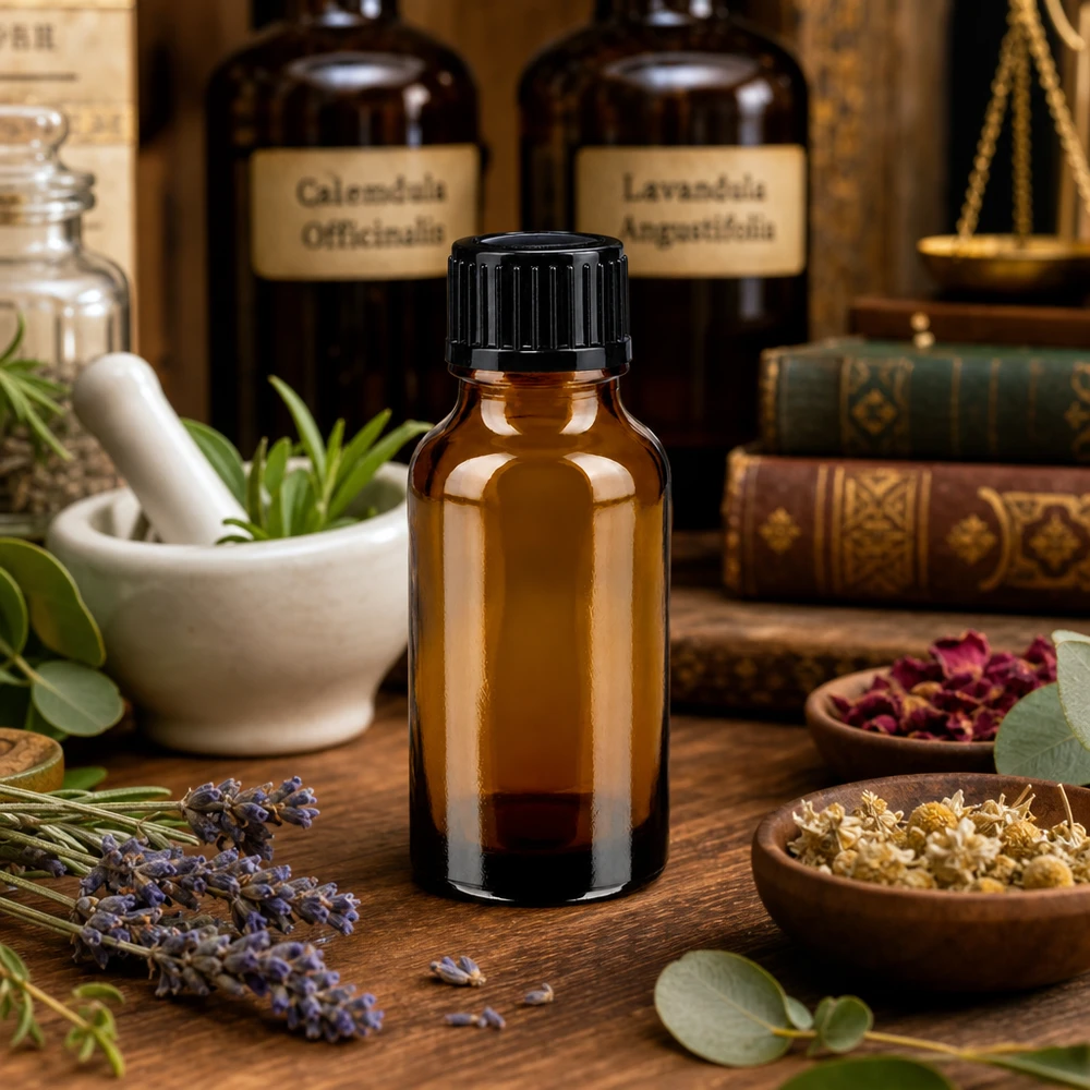 Apothekenflasche braun 20ml Schraubverschluss schwarz Standard Apothekerflasche 20ml Braunglas mit 11mm Standardverschluss auf rustikalem Holztisch mit Kräutern