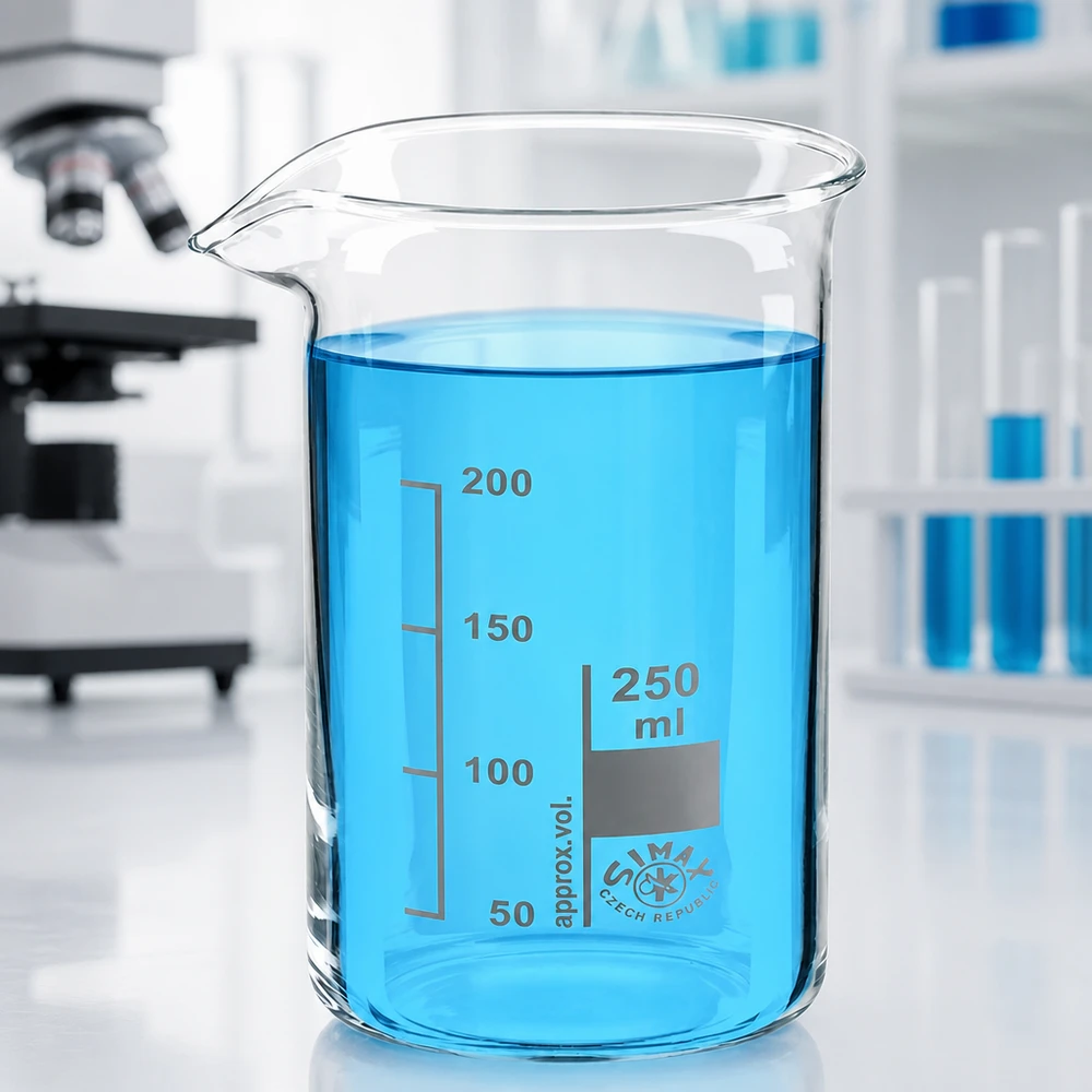 Becherglas 250ml Borosilikatglas, hohe Form Transparentes Becherglas hohe Form 250ml im Labor neben Mikroskop und Reagenzgläsern