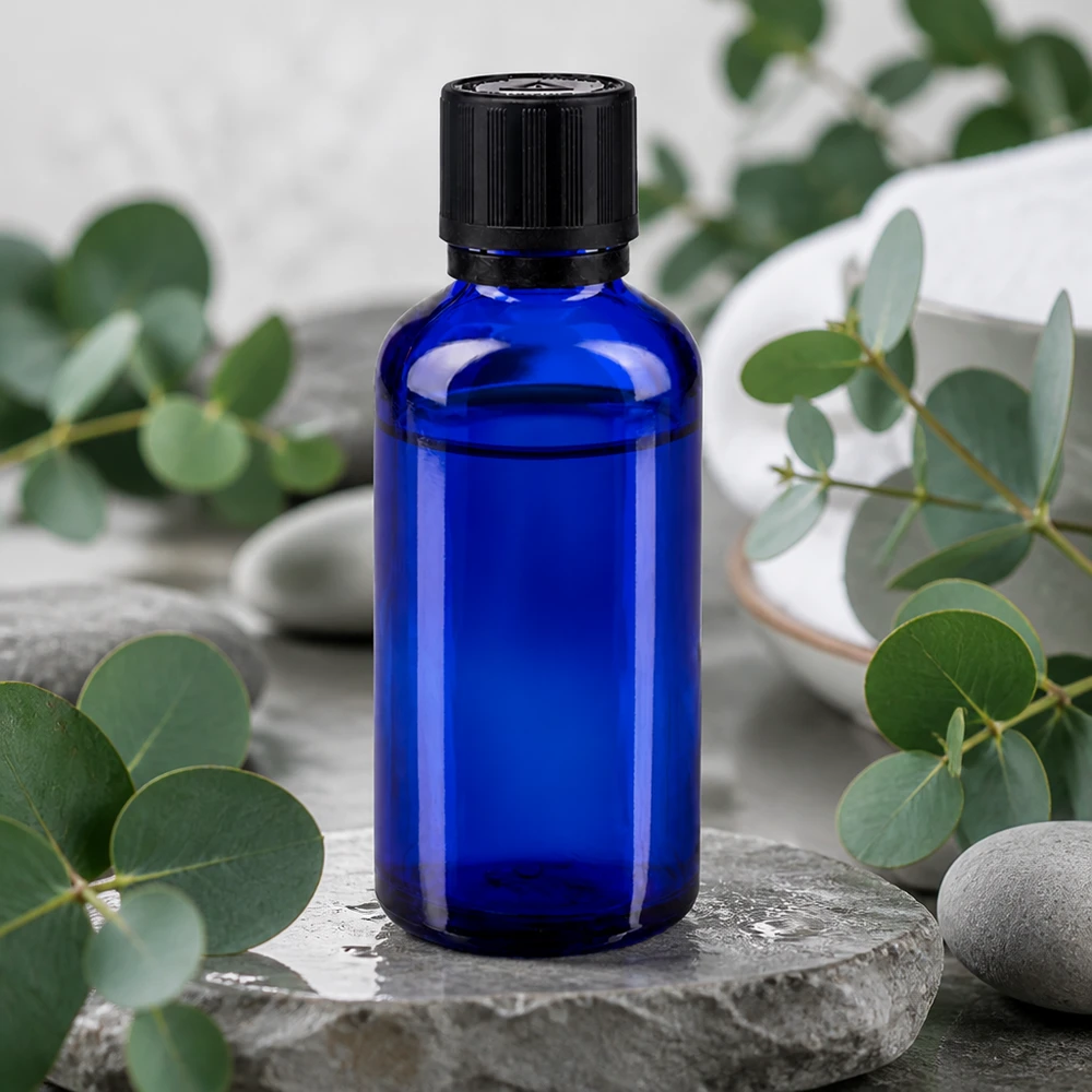 Apothekenflasche blau 50ml Tropfer Giessring 1mm schwarz Kindersicherung Blindenwarnsymbol Originalitätsverschluss Kobaltblaues 50ml Tropffläschchen aus Apothekerglas mit 1mm Einsatz in Wellnessumgebung