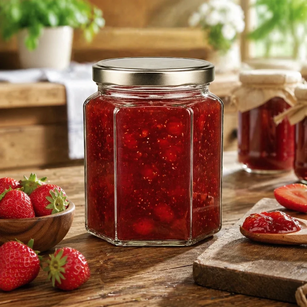288ml Hexaglas mit BasicSeal Deckel silber UNiTWIST 288ml Hexaglas mit silbernem Deckel voller Erdbeermarmelade auf rustikalem Holztisch mit frischen Erdbeeren