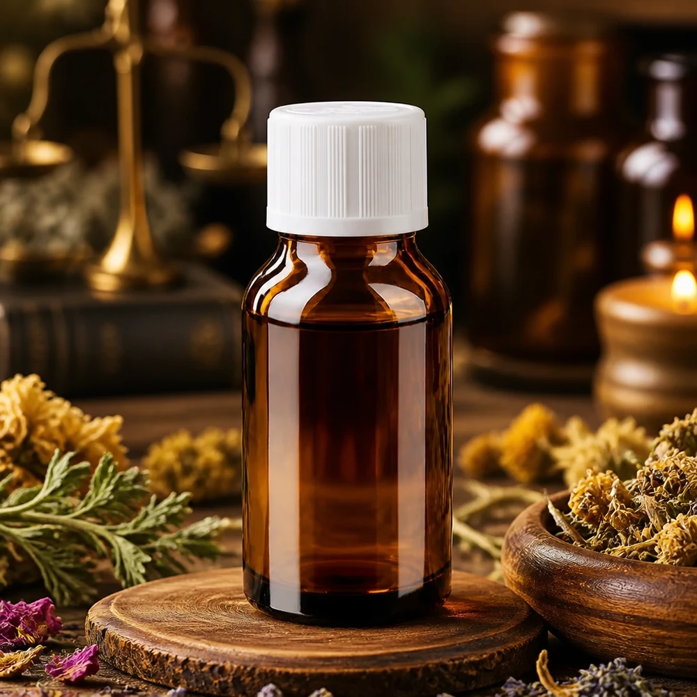 Medizinflasche aus braunem Glas 15ml mit sicherem weißem Schraubdeckel zwischen Heilkräutern