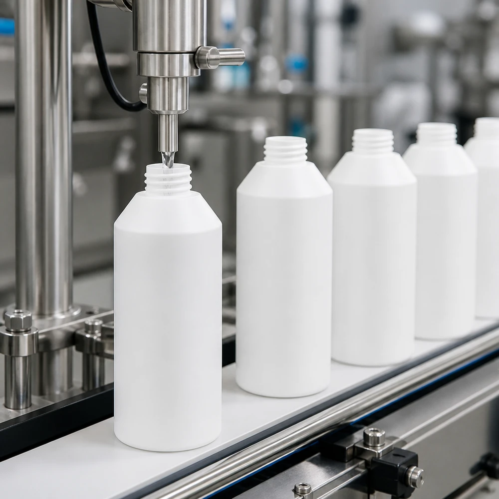 Apothekenflasche HDPE 250ml weiß, ohne Verschluss Pharmazeutische Abfüllmaschine füllt leere weiße HDPE Flaschen 250ml in Reihe