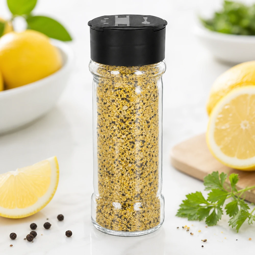 Befülltes Salzglas 100ml mit gelbem Lemon-Pepper-Gewürz und schwarzem Streueraufsatz