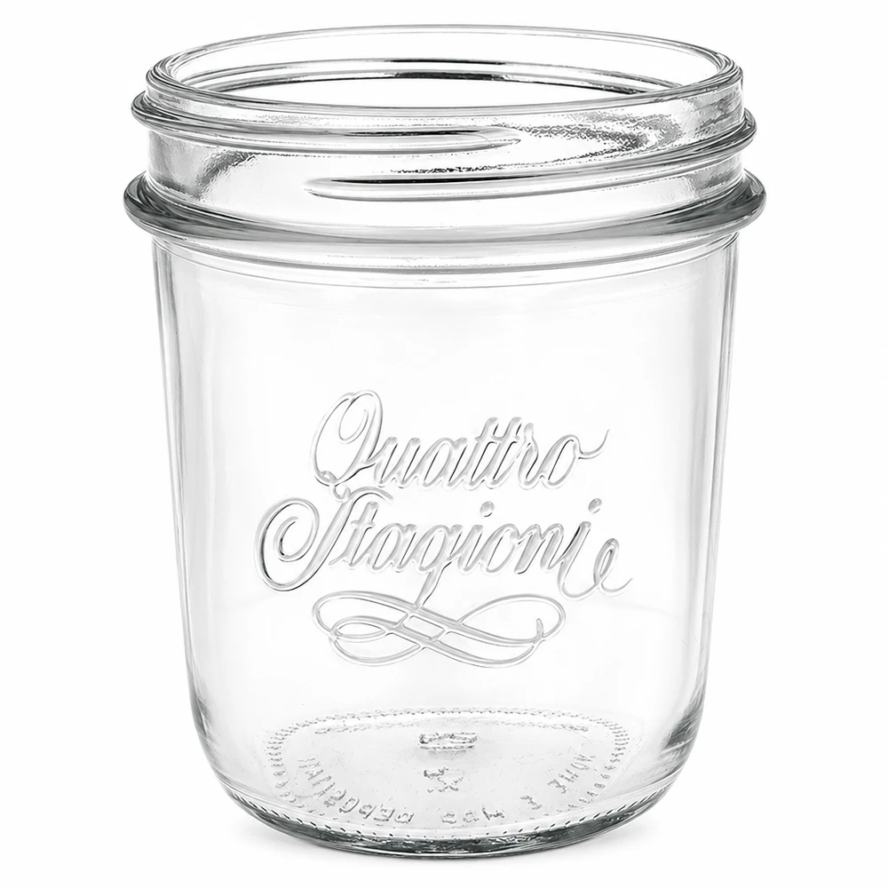 Leeres 320ml Quattro Stagioni Sturzglas mit QS86mm Gewinde und elegantem Schriftzug für Einmachen und Konservieren