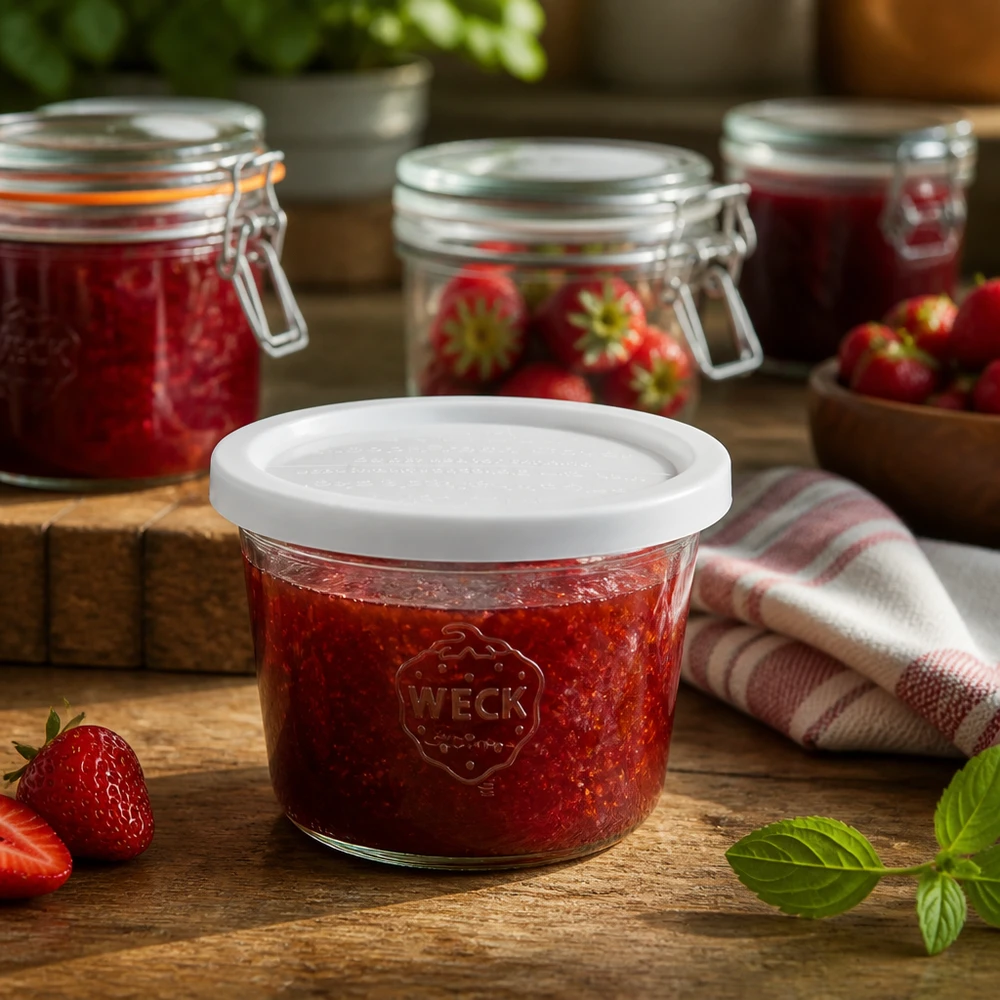 WECK Sturzglas 370ml RR100 mit Erdbeermarmelade befüllt in rustikaler Küche neben frischen Erdbeeren und Einmachgläsern