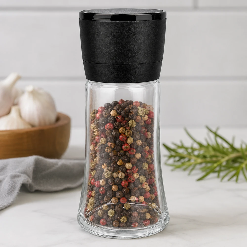 Salz-/Gewürzglas 95ml mit Mühle Vario schwarz Transparentes Gewürzglas mit Vario Mühlenaufsatz schwarz gefüllt mit buntem Pfeffermix