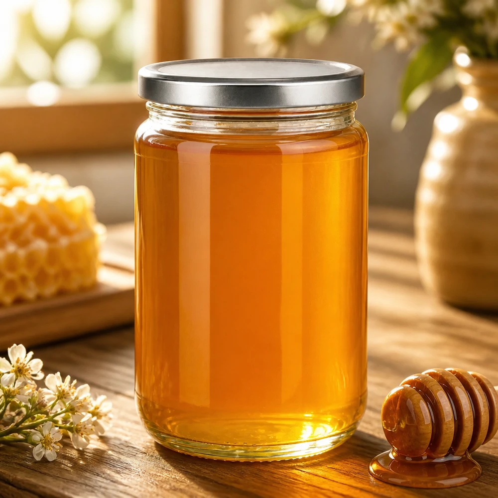 305ml Rundglas mit Honig gefüllt und silber BasicSeal Deckel neben Honiglöffel und Bienenwaben auf Holztisch