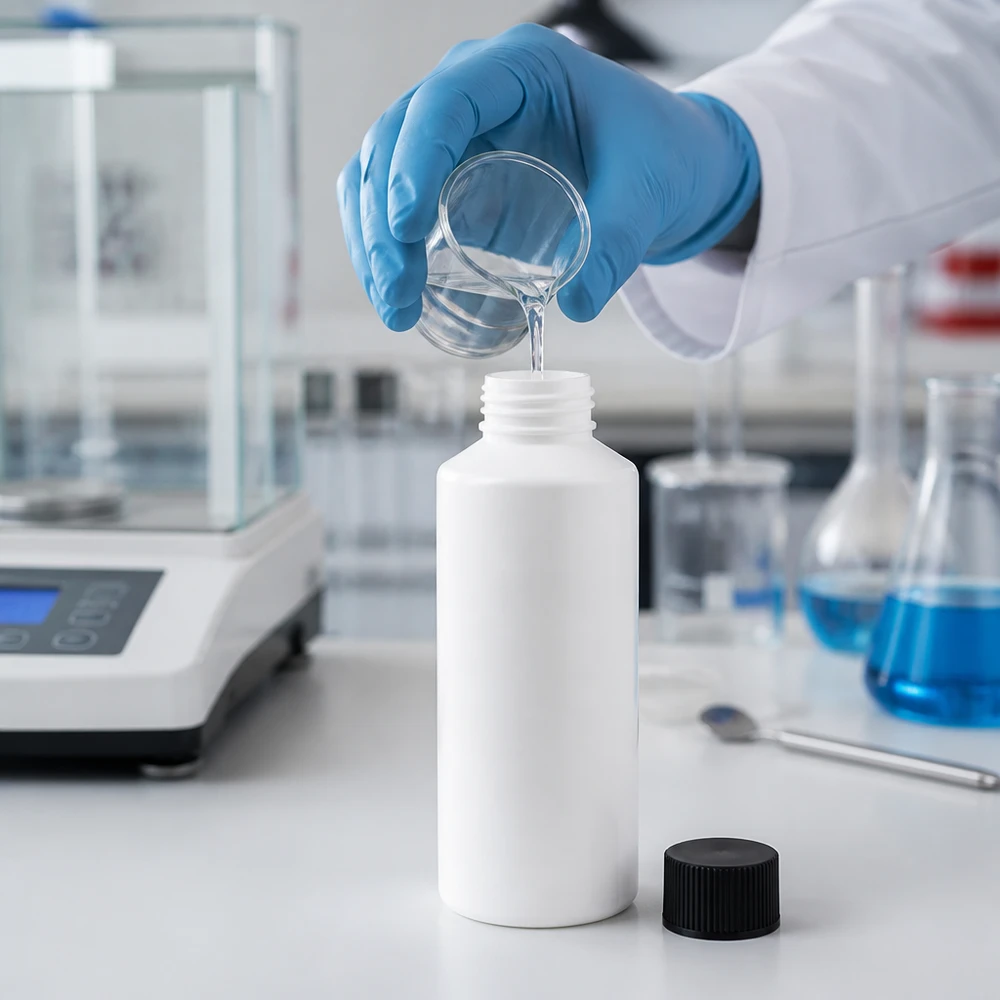 Befüllung einer weißen 100ml Apothekenflasche aus HDPE mit klarer Substanz im Labor