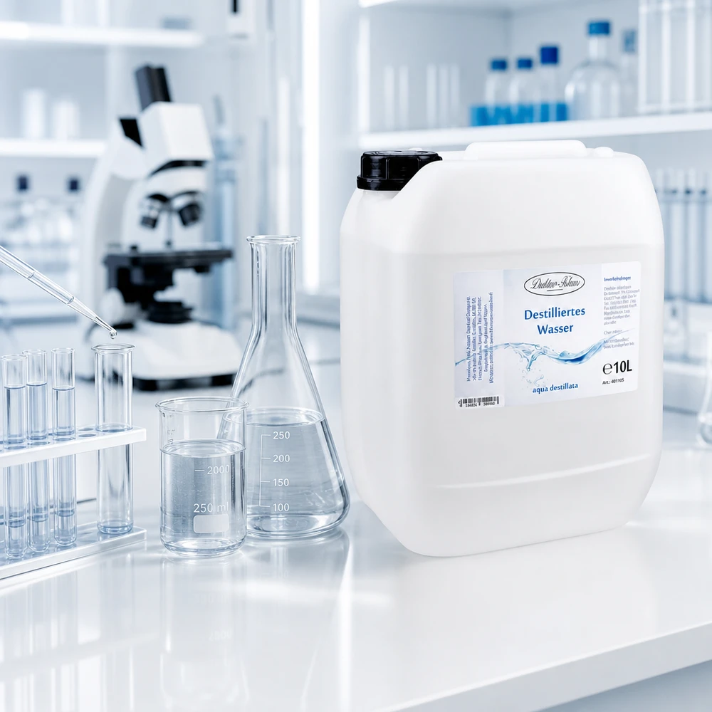 Laborqualität destilliertes Wasser Doktor-Klaus 10 Liter neben Reagenzgläsern und Messkolben
