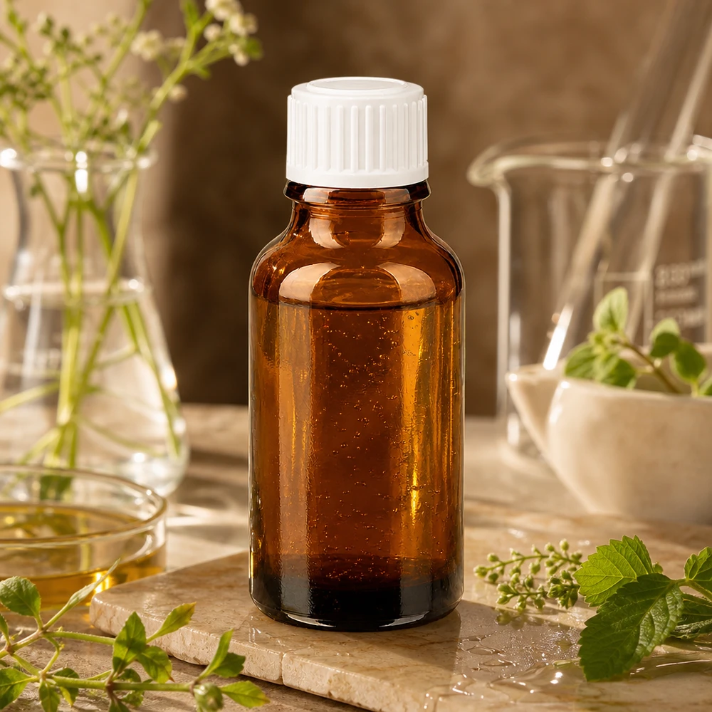 Apothekenflasche braun 20ml Schraubverschluss weiß Standard Braunglas Fläschchen 20ml mit weißem Kunststoffdeckel auf Naturstein mit grünen Kräuterzweigen