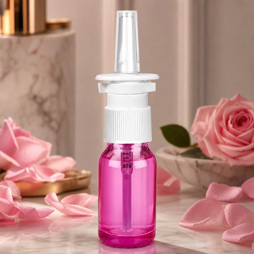 10ml Nasensprayflasche weiß/transparent Standard PurpleLine. UT18/10 Medizinische 10ml Glasflasche Purple Light mit steriler Sprühfunktion für Nasenlösungen
