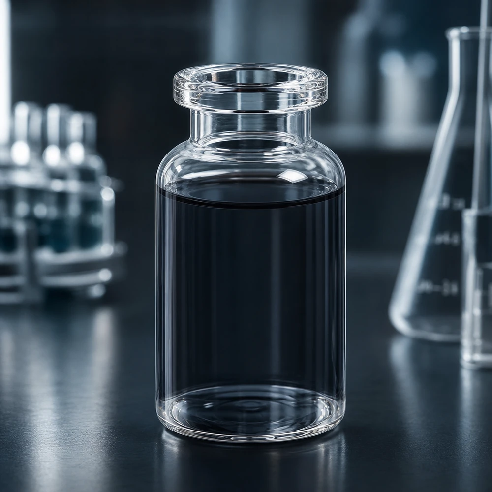 Sterile Injektionsflasche Klarglas 10ml mit opaker Füllung neben Erlenmeyerkolben und Reagenzgläsern
