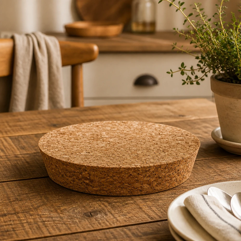 Korken für Öffnung 94mm WECK RR100 (ø97/90, H=20mm) WECK RR100 Korken Detailaufnahme auf Holztisch mit Küchenutensilien und Kräutertopf natürlicher Korkdeckel 20mm Höhe