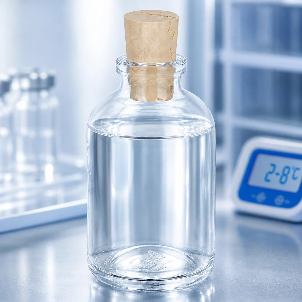 Klarglasflasche 50ml mit hellem Naturkorken in professioneller Laborumgebung mit Kühltemperatur