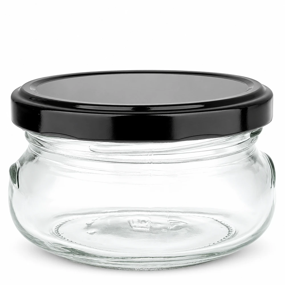 120ml Terrinenglas + BasicSeal Deckel schwarz UNiTWIST 120ml Terrinenglas mit schwarzem BasicSeal Deckel, leeres Glasgefäß für Konserven und Aufstriche
